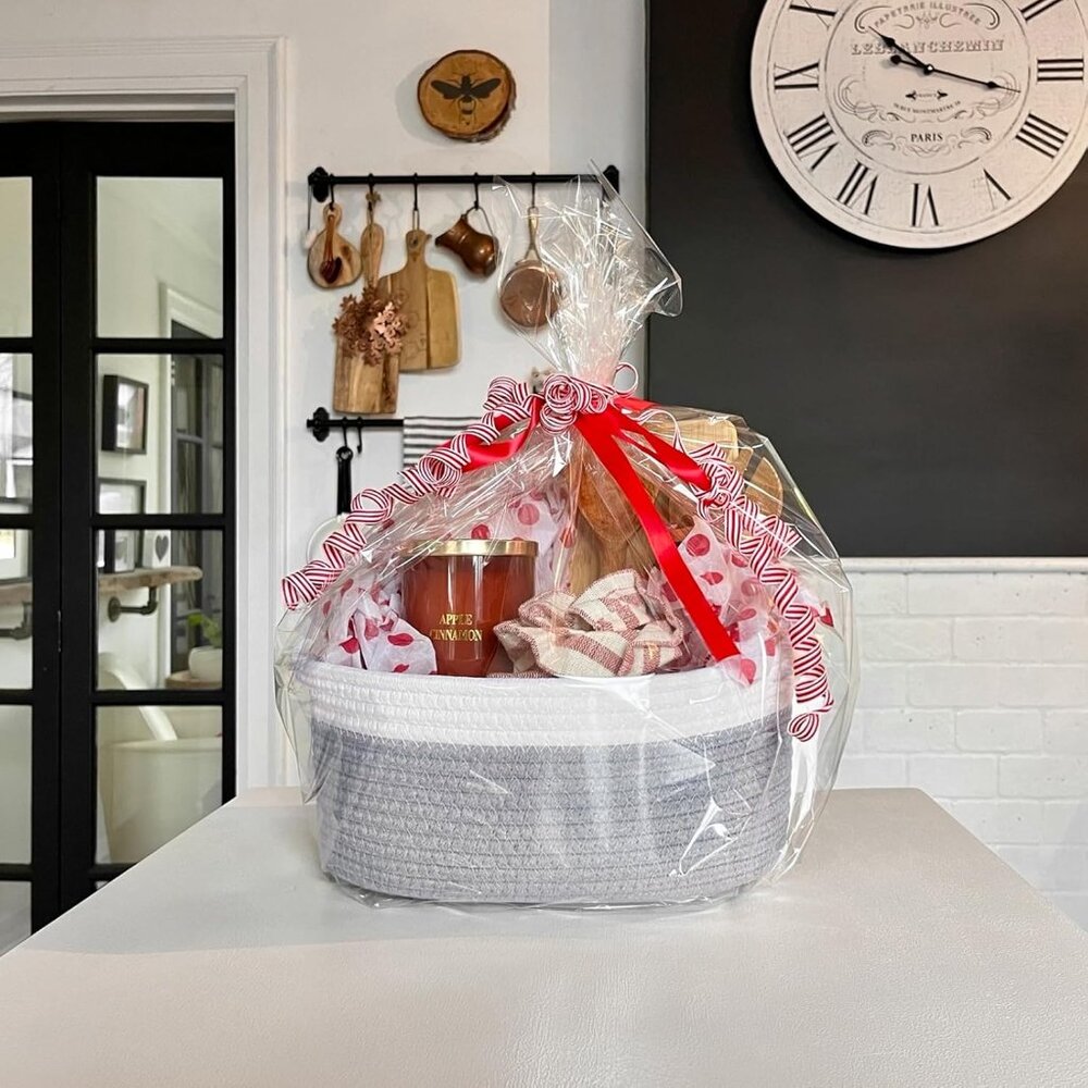 Small Woven Storage Basket with Handles, Cotton Rope Baskets for Gifts Empty, Do - Picture 7 of 8